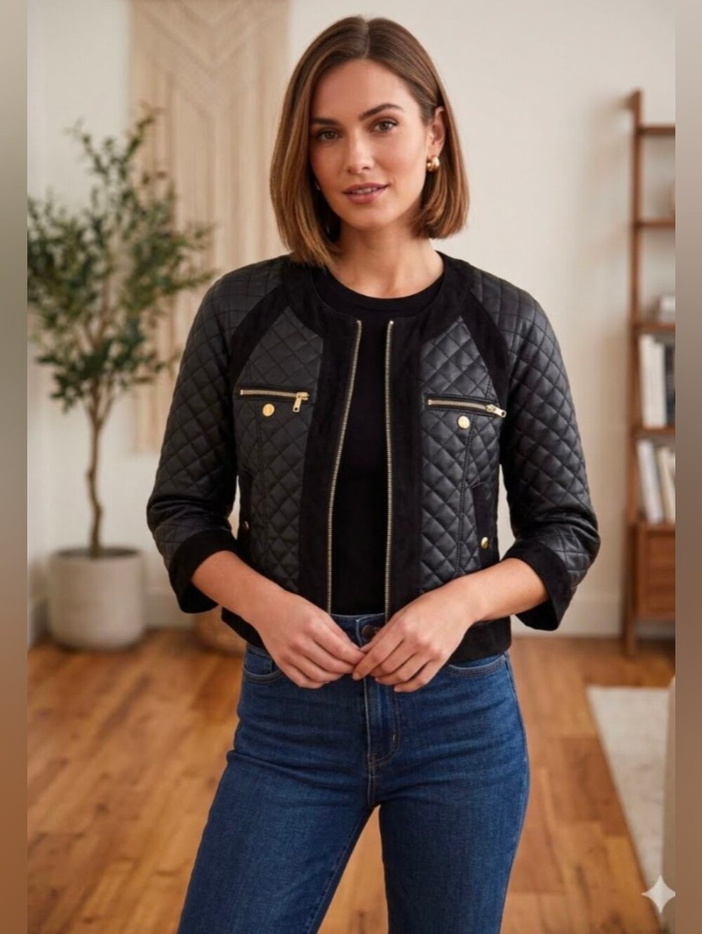 NWOT! Bagatelle Faux Leather Suede Quilted Black 3/4 Sleeve Cropped Jacket Small